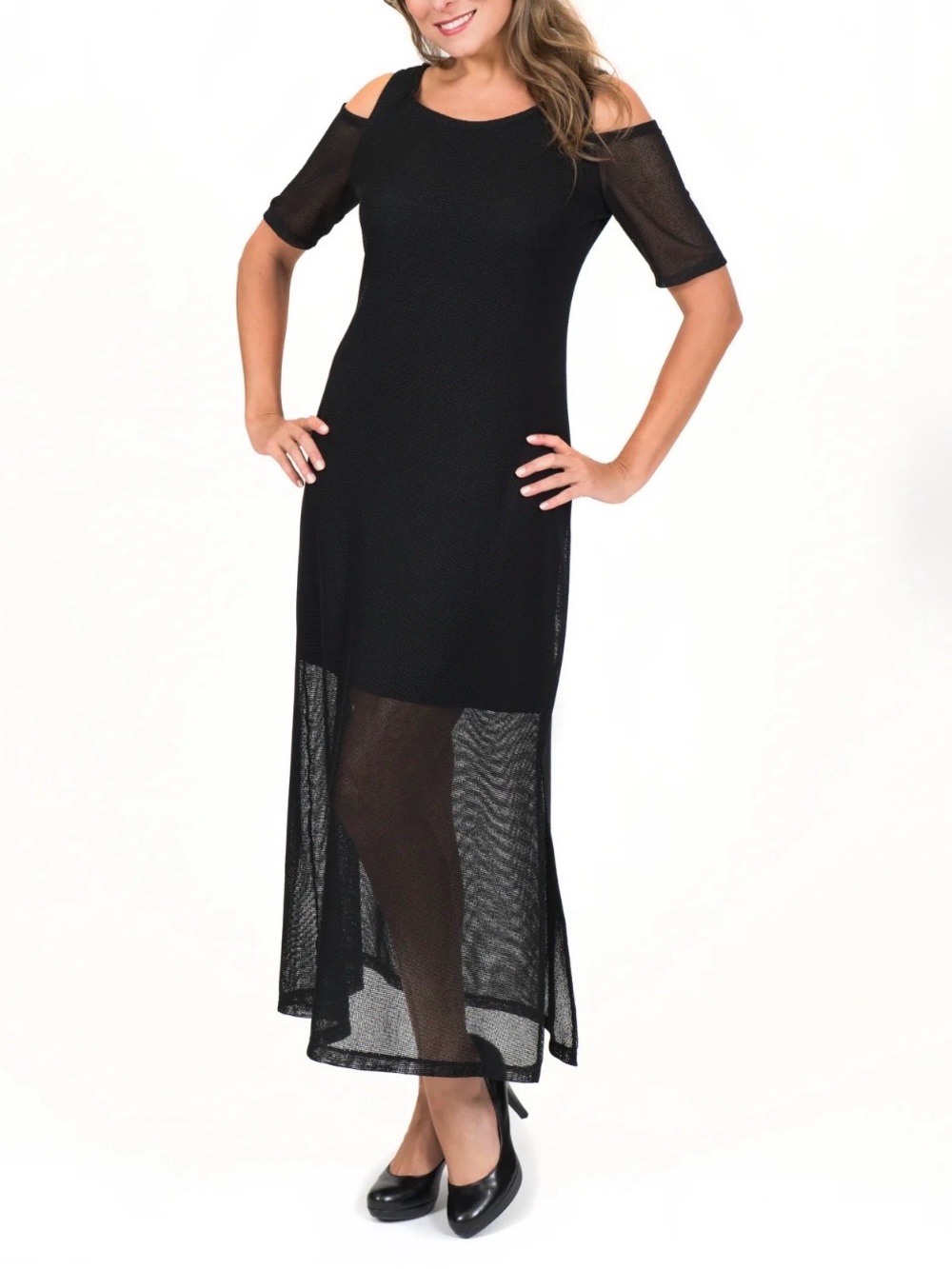 Black Cold-Shoulder Maxi Dress with Sheer Lower Skirt - Picture 1 of 9